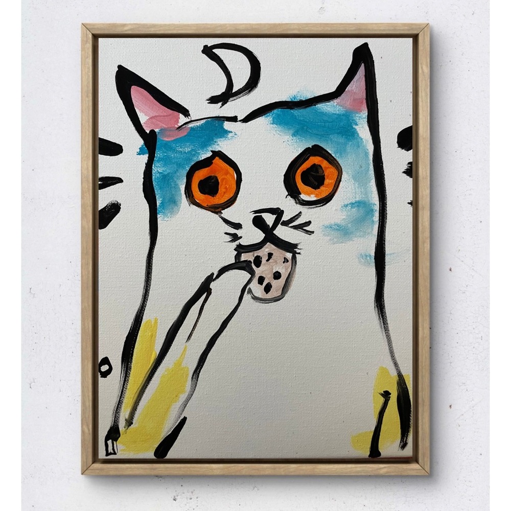 OMAN Original Cat Painting Abstract Folk Art Canvas 8x10 Whimsical Feline Decor